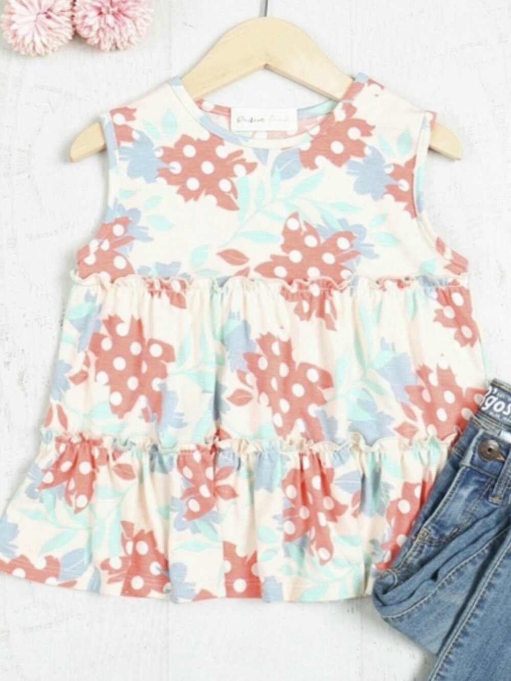 Girls Floral Tiered Ivory Tank – Merrow‑Stitched Seams – Perfect Peach – Size 4T